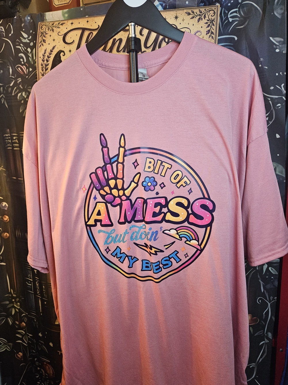 Gildan Pink Graphic Tee with Multicolor 'A Mess' Design